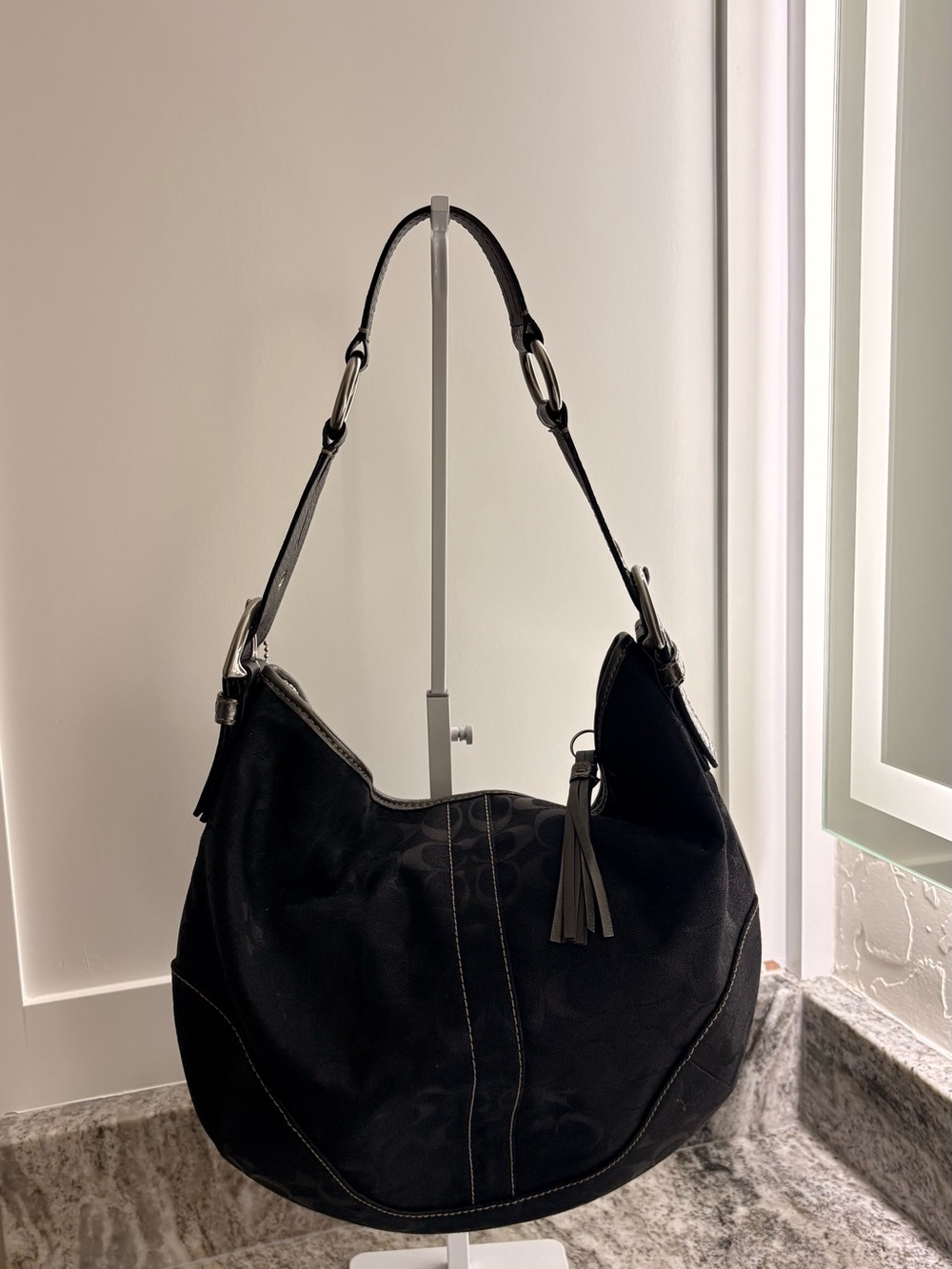 Black monogram Hobo Shoulder Bag with Tassel
